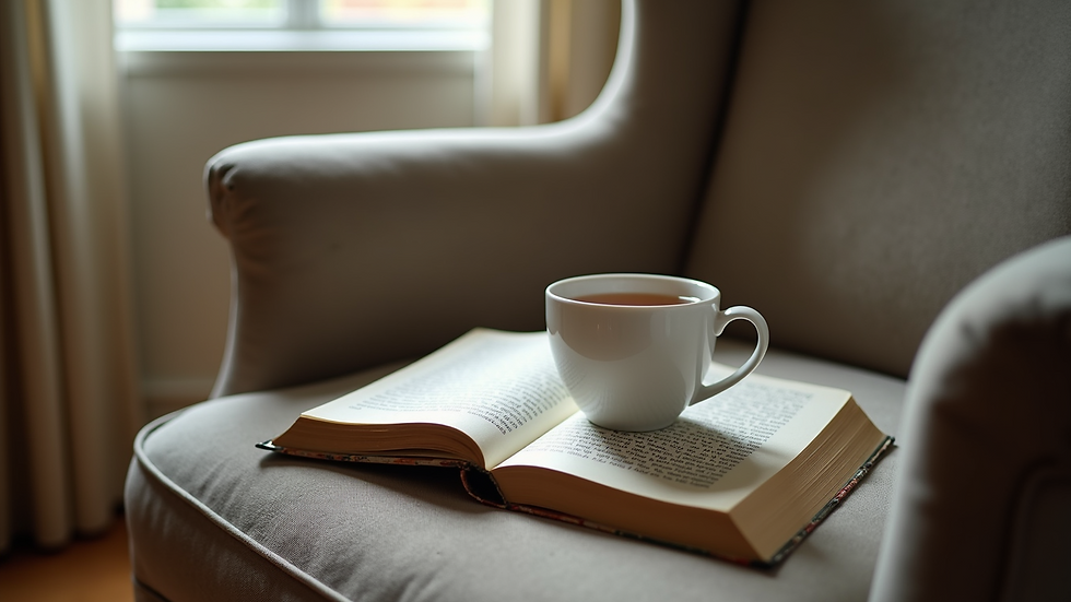 Close-up view of a comfortable chair with a book and a cup of tea
