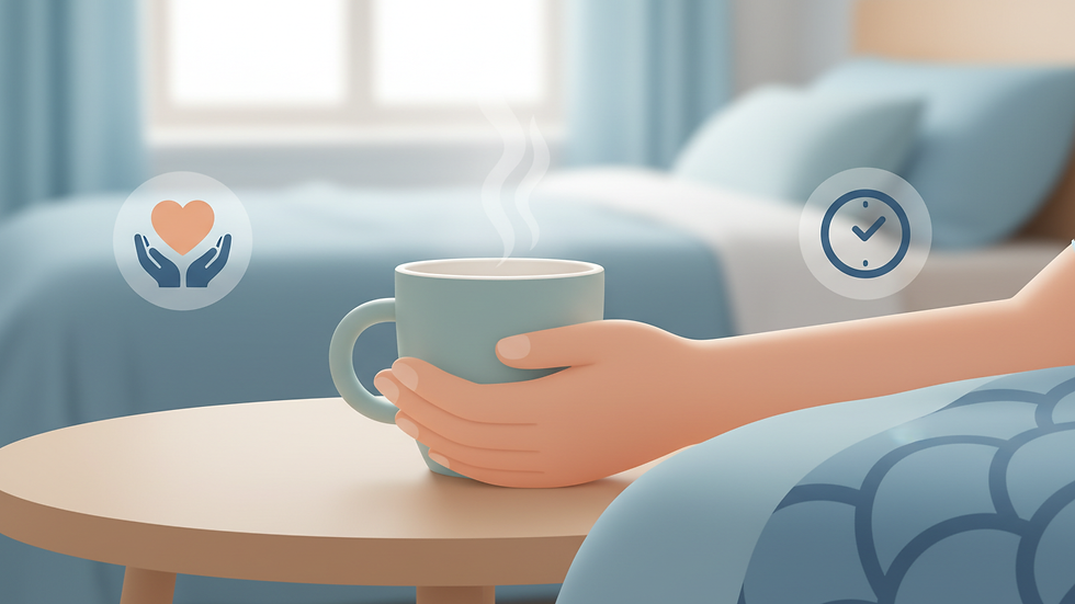 Close-up view of a caregiver’s hand gently holding a cup of tea on a bedside table