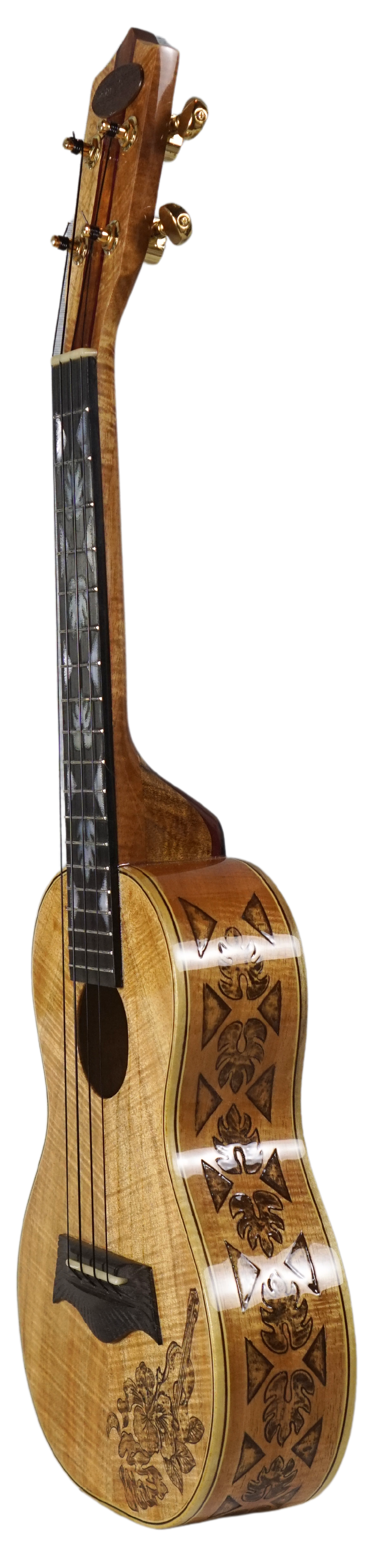 Thumbnail: Haleiwa Ukulele Concert Waimea Koa Wood Leaf Motif Handcrafted by a Local Artist