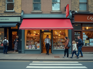 Eye-level view of a small storefront with a clear sign and busy street in front