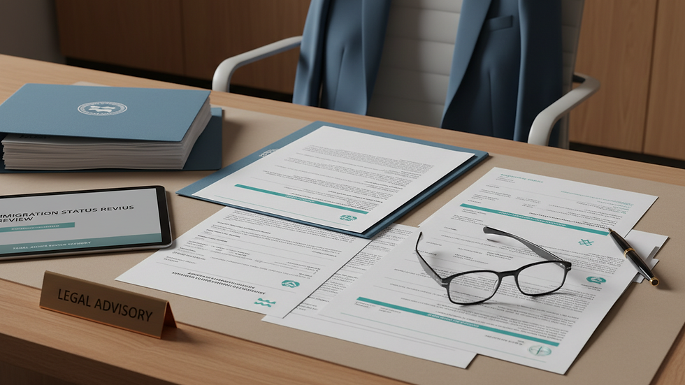 Close-up view of legal documents and immigration forms on a desk