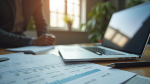 Eye-level view of a nonprofit office with financial documents and a laptop