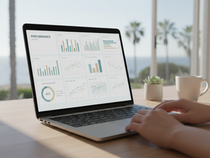 Eye-level view of a laptop screen showing financial graphs and charts