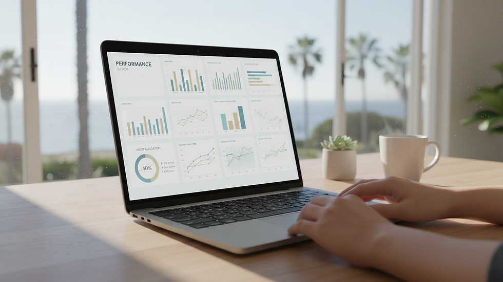 Eye-level view of a laptop screen showing financial graphs and charts