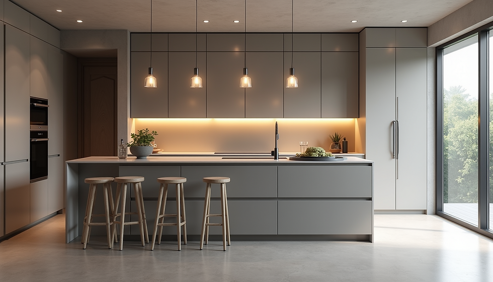 Eye-level view of a modern kitchen island with sleek cabinetry and pendant lighting