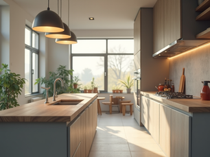 Modern kitchen with wood countertops, large windows, and hanging lamps. Potted plants on window sills. Minimalist, bright, and airy.