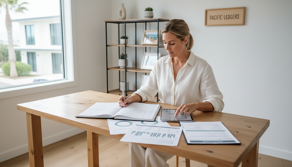 Eye-level view of a small business owner reviewing financial documents at a desk