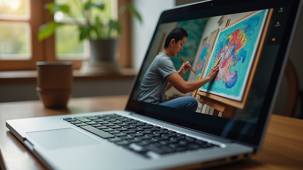 Close-up view of a laptop screen showing an online art class in progress