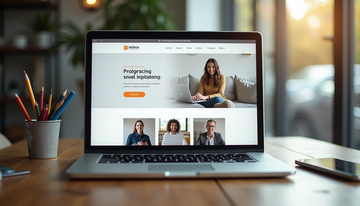 Eye-level view of a laptop displaying a small business website homepage