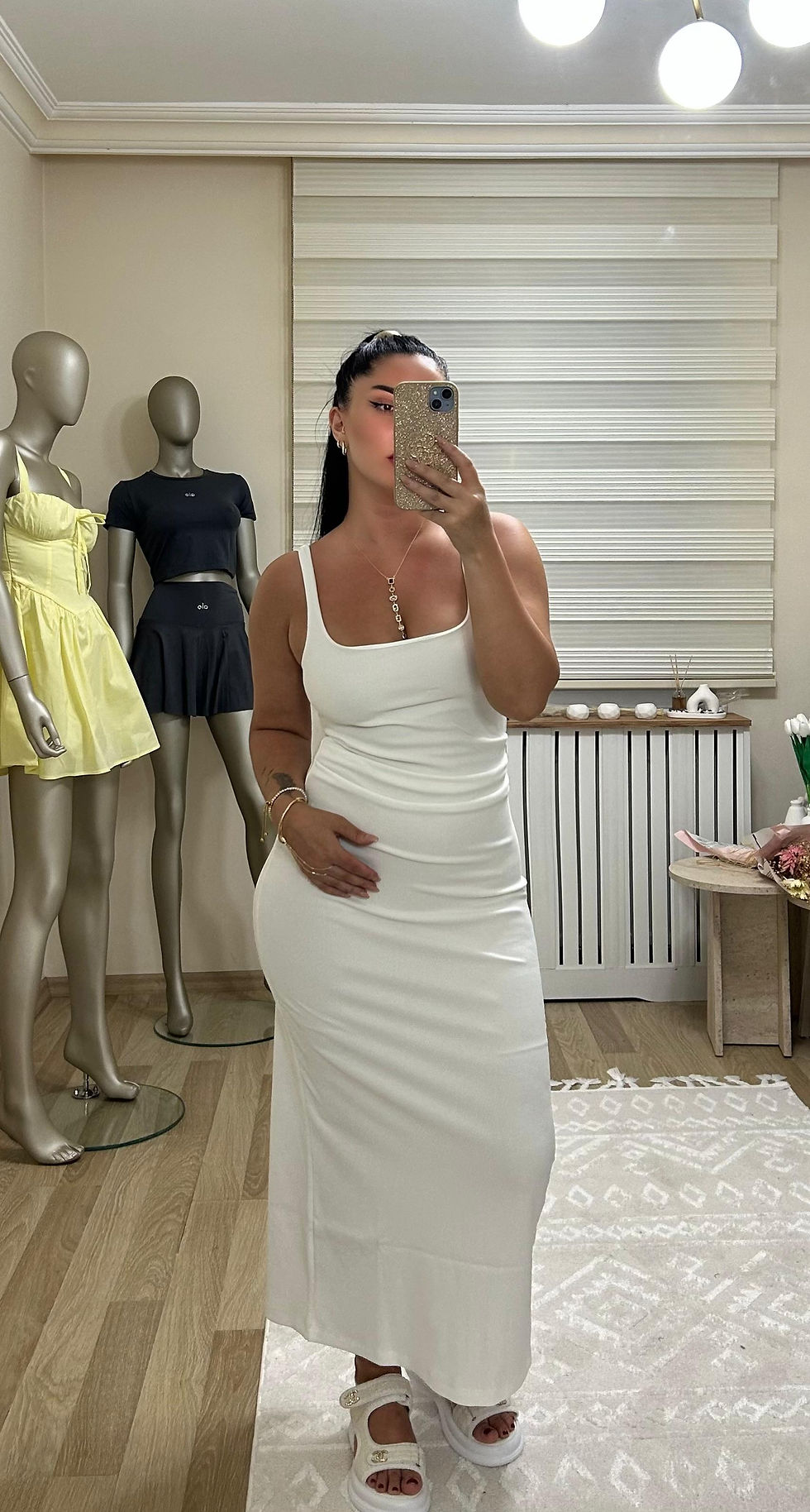 Küçük resim: Bel drape detaylı likralı kare yaka elbise