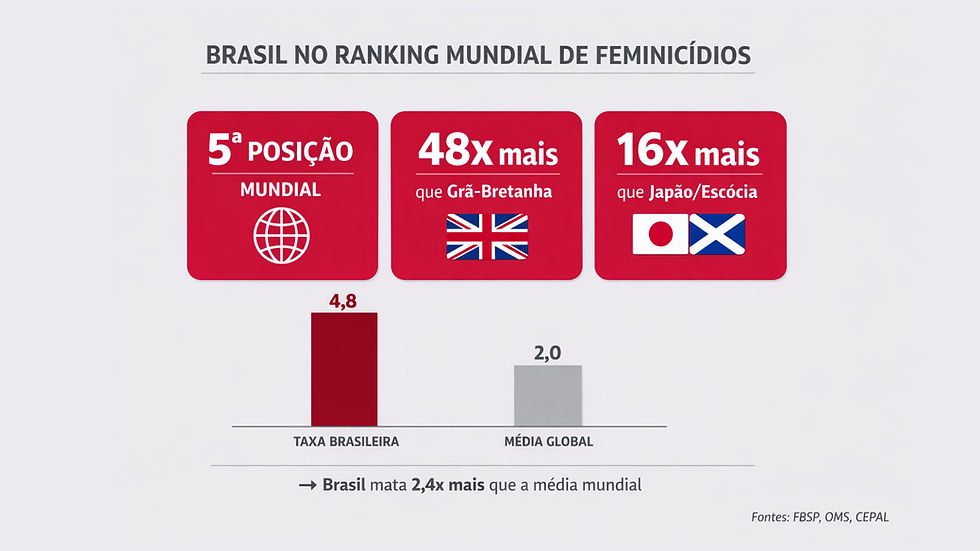 Infográfico comparativo mostrando Brasil em 5º lugar mundial em feminicídios, com taxa de 4,8 por 100 mil mulheres versus média global de 2,0, matando 48 vezes mais que Grã-Bretanha e 16 vezes mais que Japão