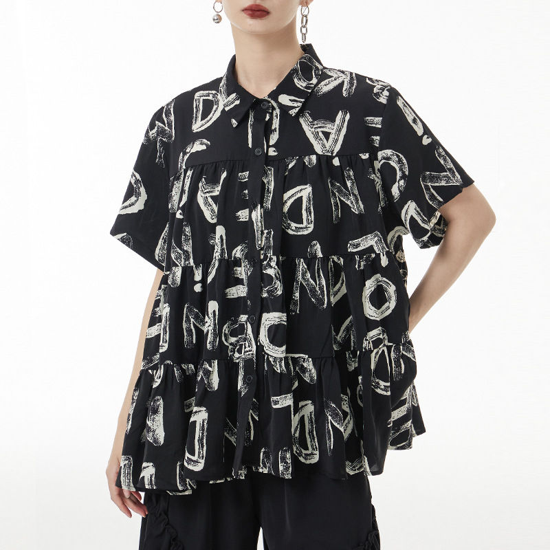 Japanese Alphabet Print Pleated Blouse for Women
