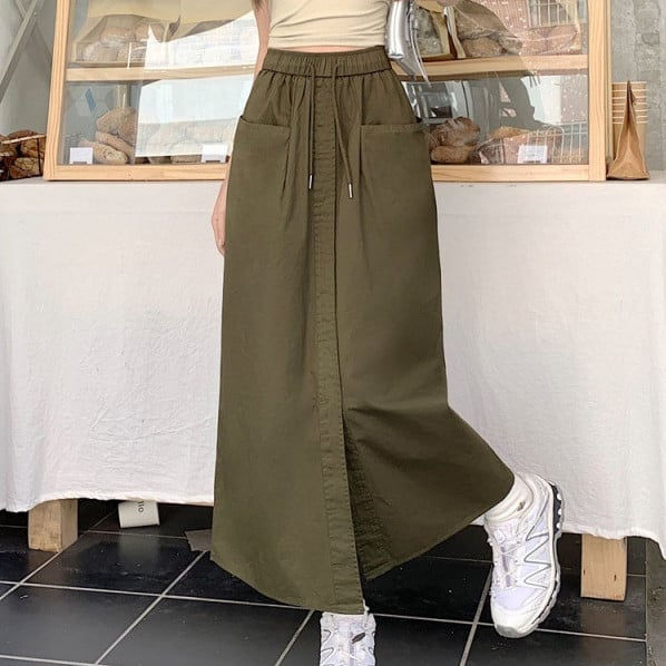 Korean Style Washed Cotton Midi Skirt for Women