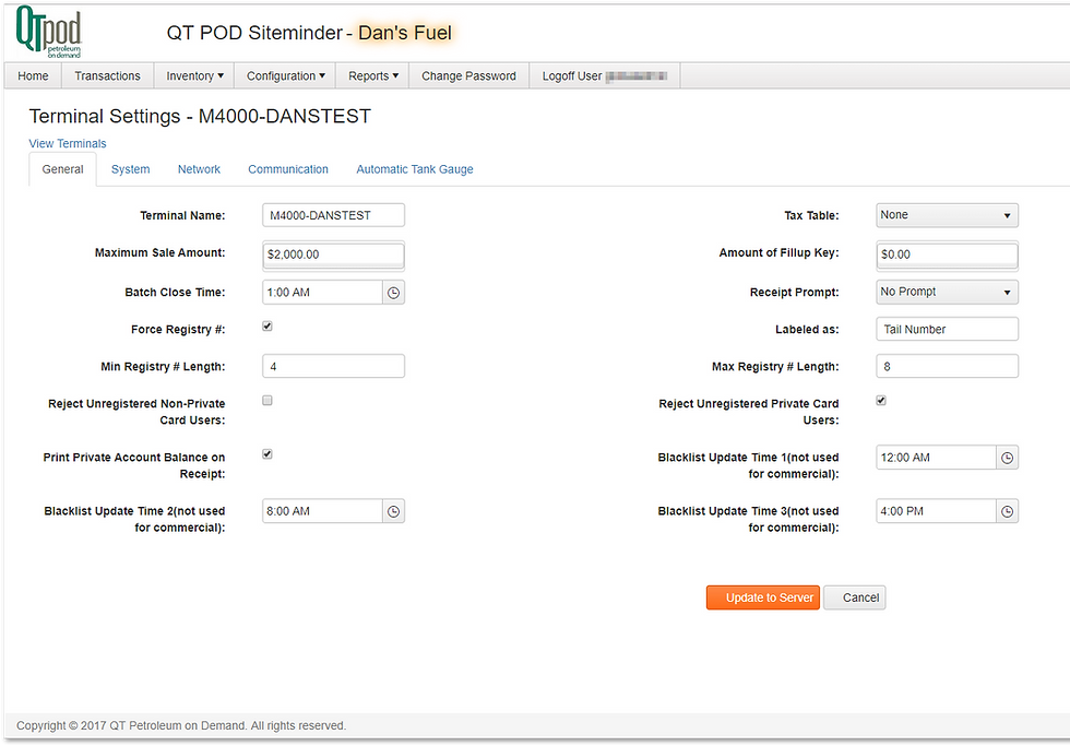 Siteminder Terminal Settings Screen