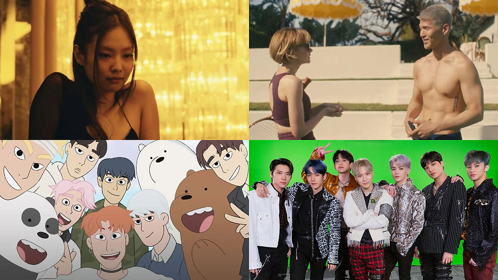 imagem divida em 4, com uma mulher olhando para frente, a 2 tem um homem sem camisa conversando com uma mulher, a 3 é um desenho com 7 homens e 3 ursos e a 4 são 7 pessoas com roupas brilhantes olhando para frente