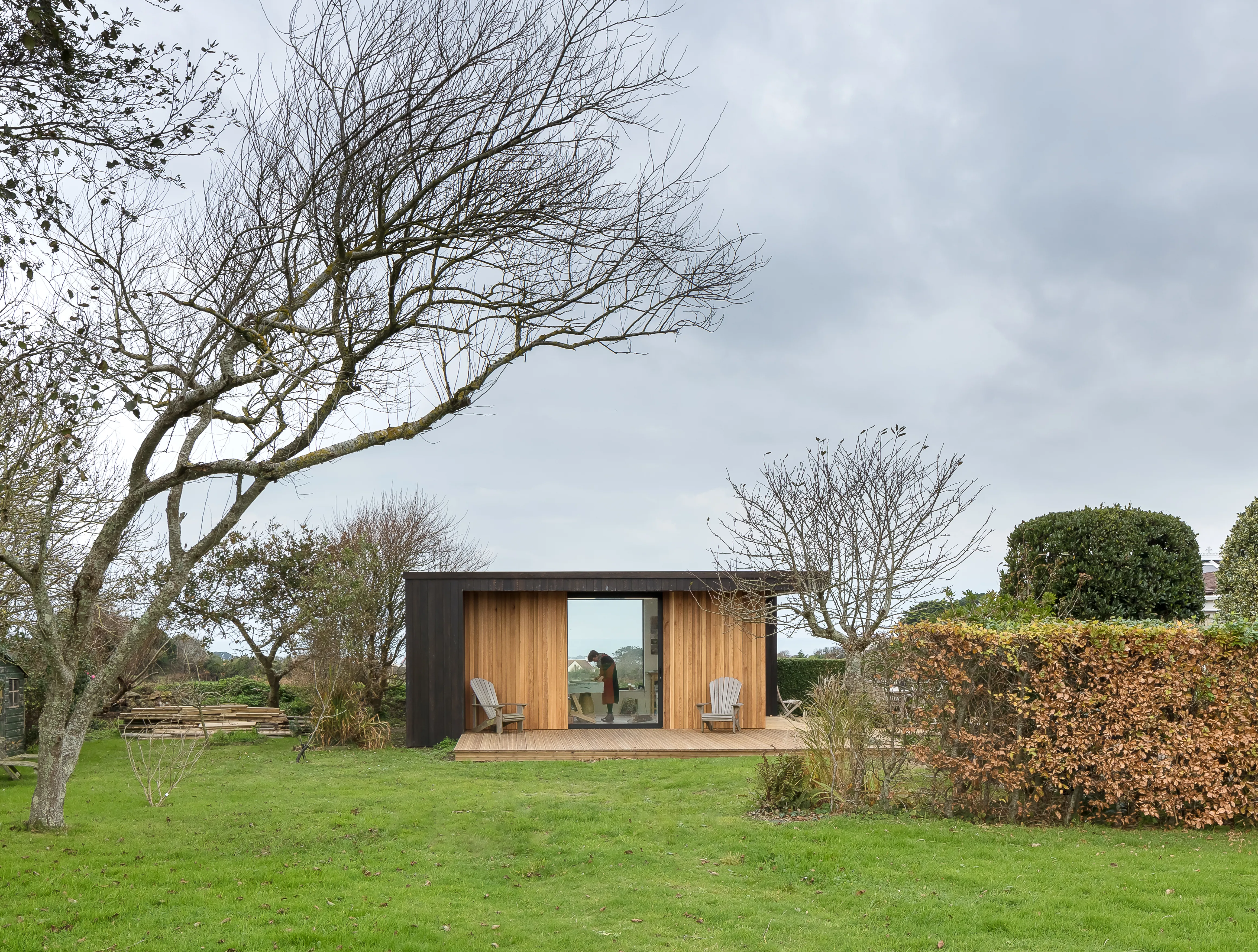 Garden view of the exterior of Studio Poitou, built by DLM Architects, showcasing how the design promotes health and wellbeing in the development process.
