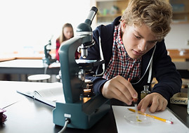 adolescent teenager boy studying science at school