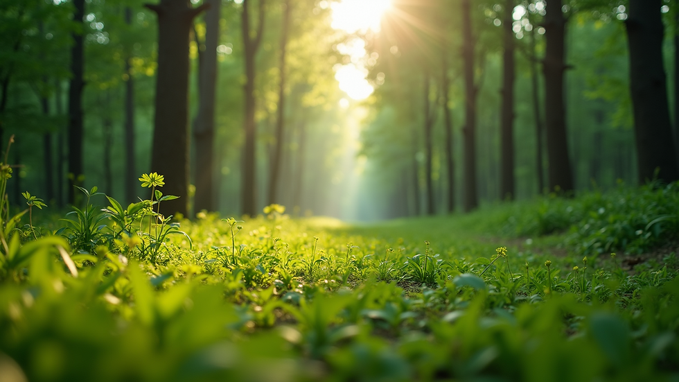 Eye-level view of a lush green forest with sunlight filtering through the trees