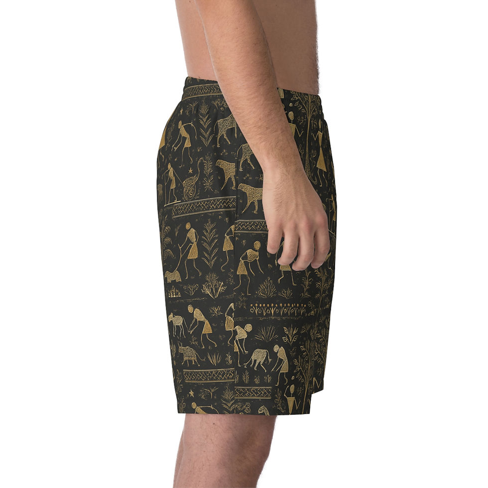 Thumbnail: African Warli Print— Art Deco Black & Gold Warli Tribe Swim Trunks