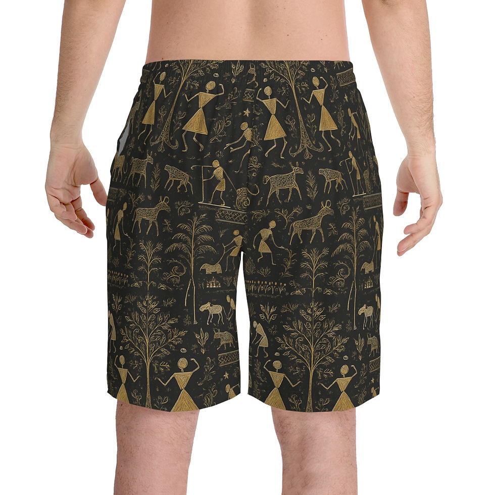 Thumbnail: African Warli Print— Art Deco Black & Gold Warli Tribe Swim Trunks
