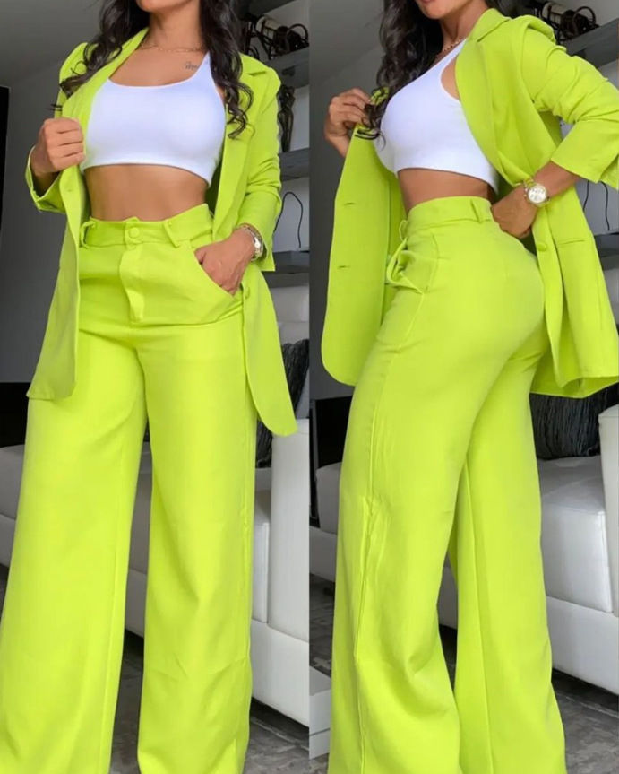Thumbnail: Women's Elegant Solid Color Split Sleeve Lapel Suit Pocket Straight Pants 
