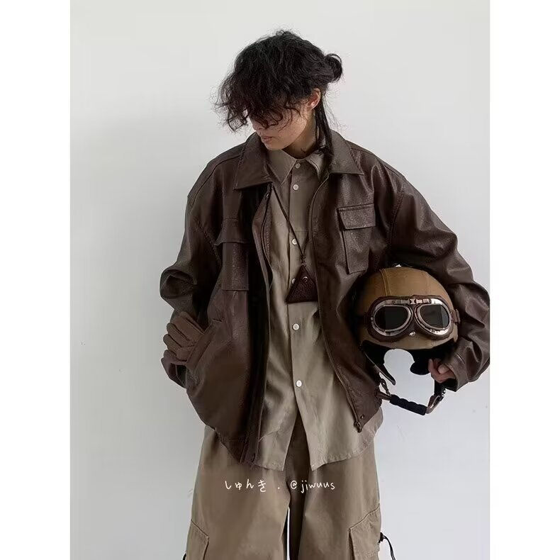 Thumbnail: Spring And Autumn Japanese Retro PU Motorcycle Leather Jacket For Male And Fema