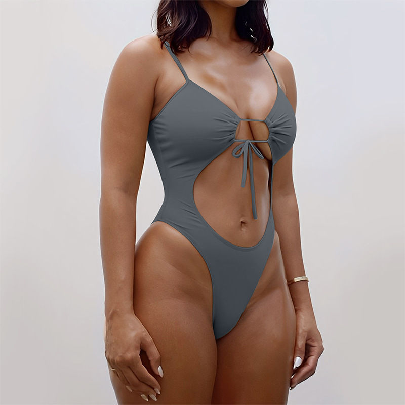 Thumbnail: Solid Color Lace-up One-piece Swimsuit