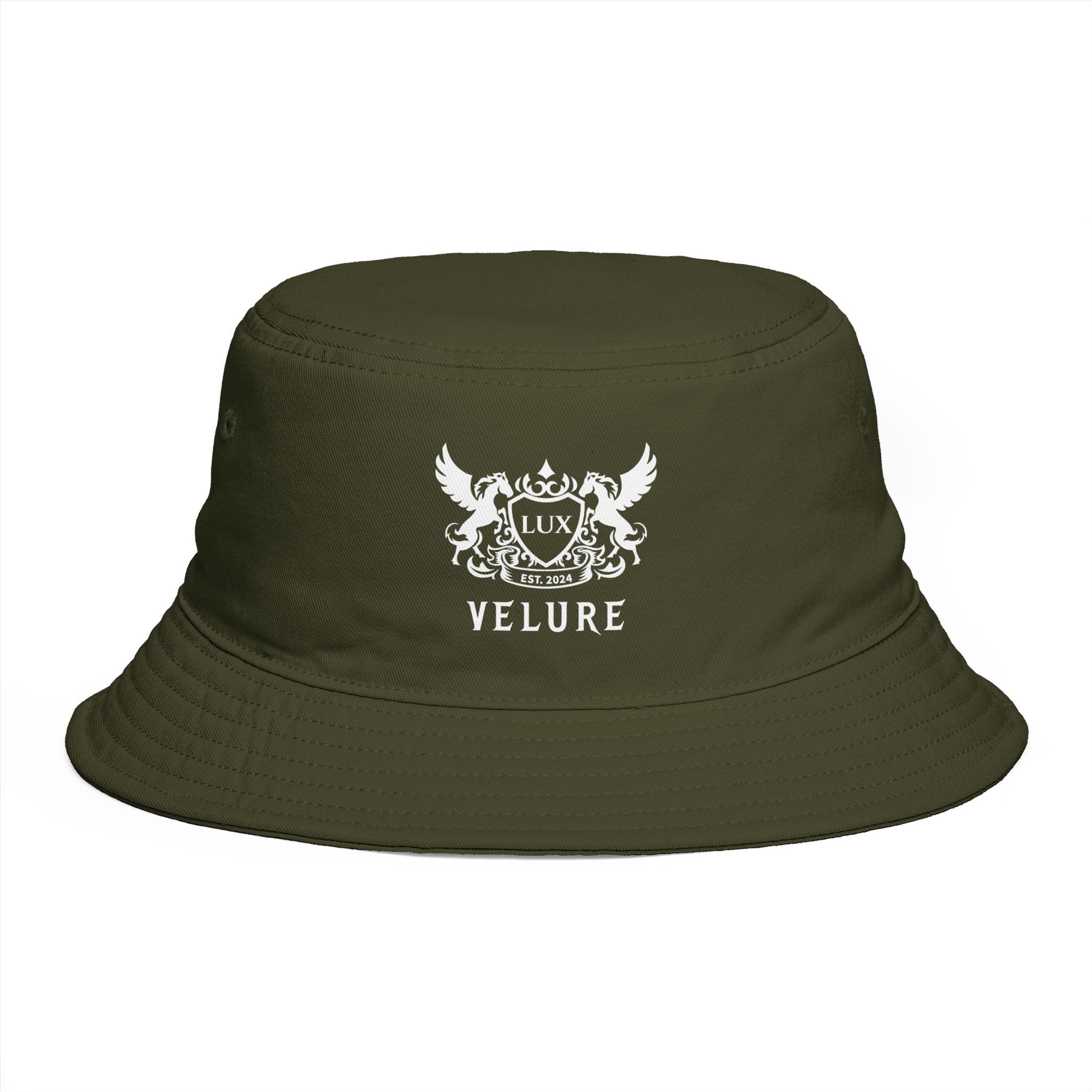Velure  Crest Bucket Hat — Embroidered Vintage Crest Sun Hat