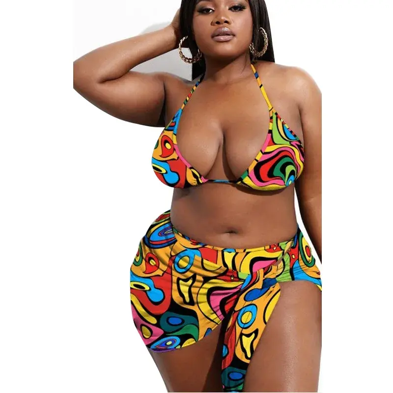 Thumbnail: Plus Sized Cover Up Three-Piece Bikini Swimsuit.