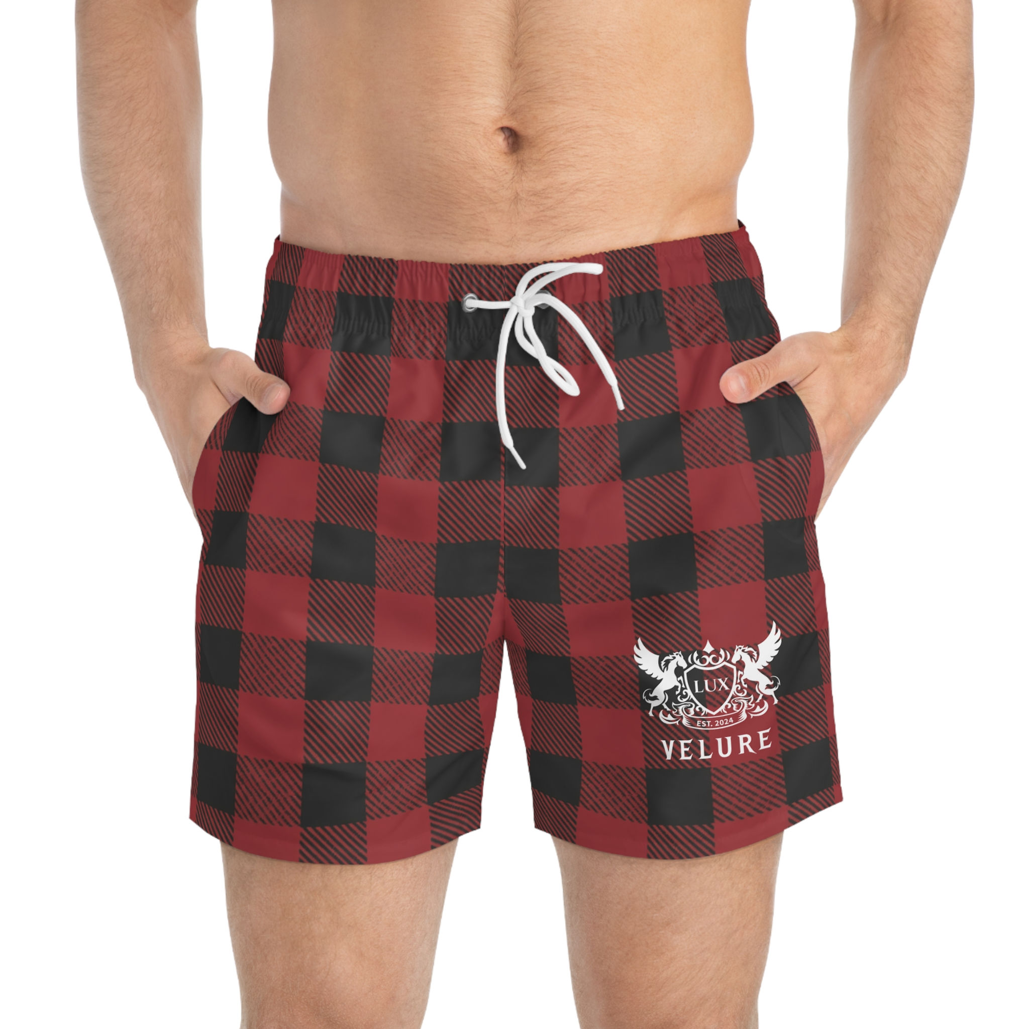 Velure Red & Black Plaid Swimming Trunks