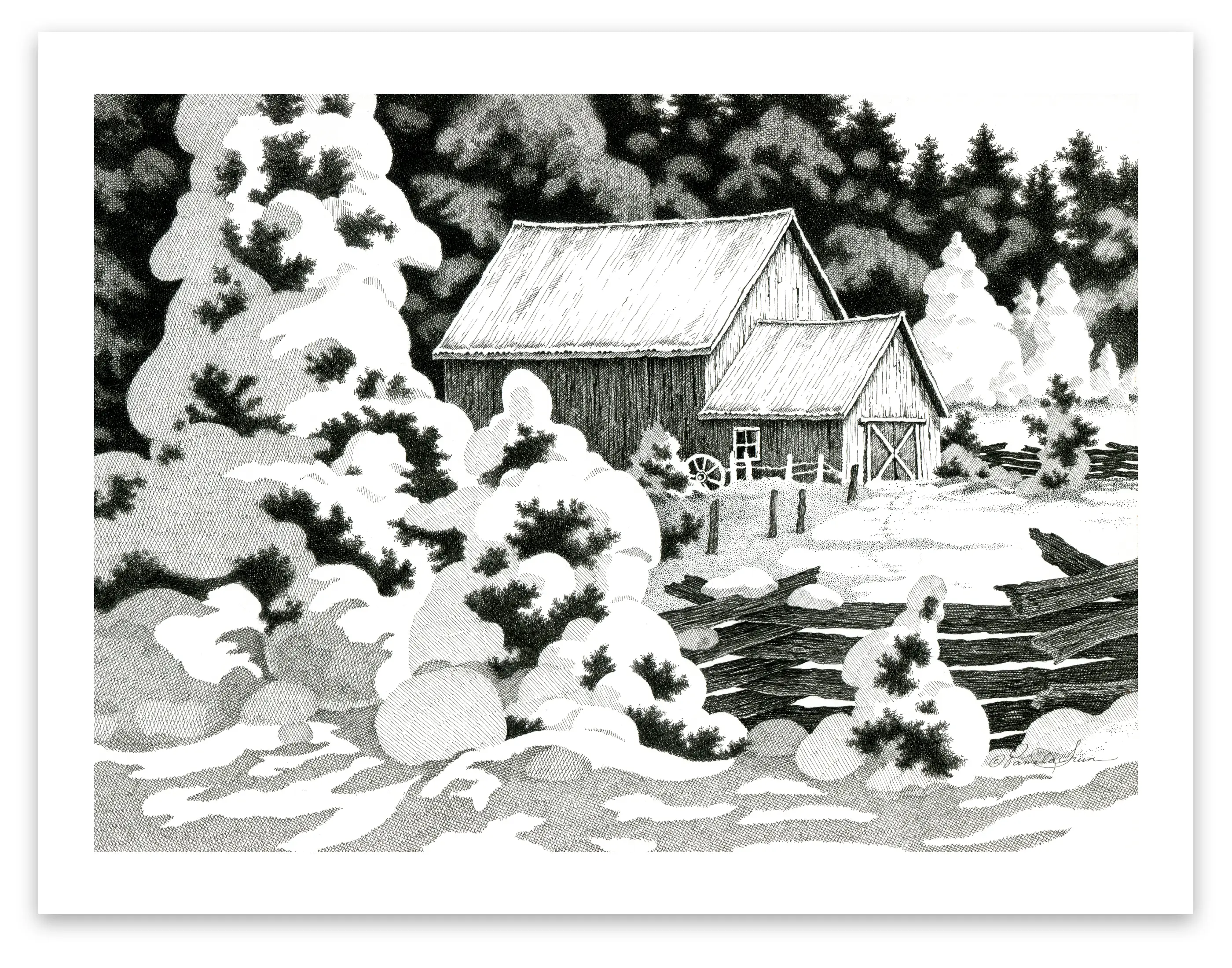 Pen and Ink Art Black and White Art Old Barn in Snow 