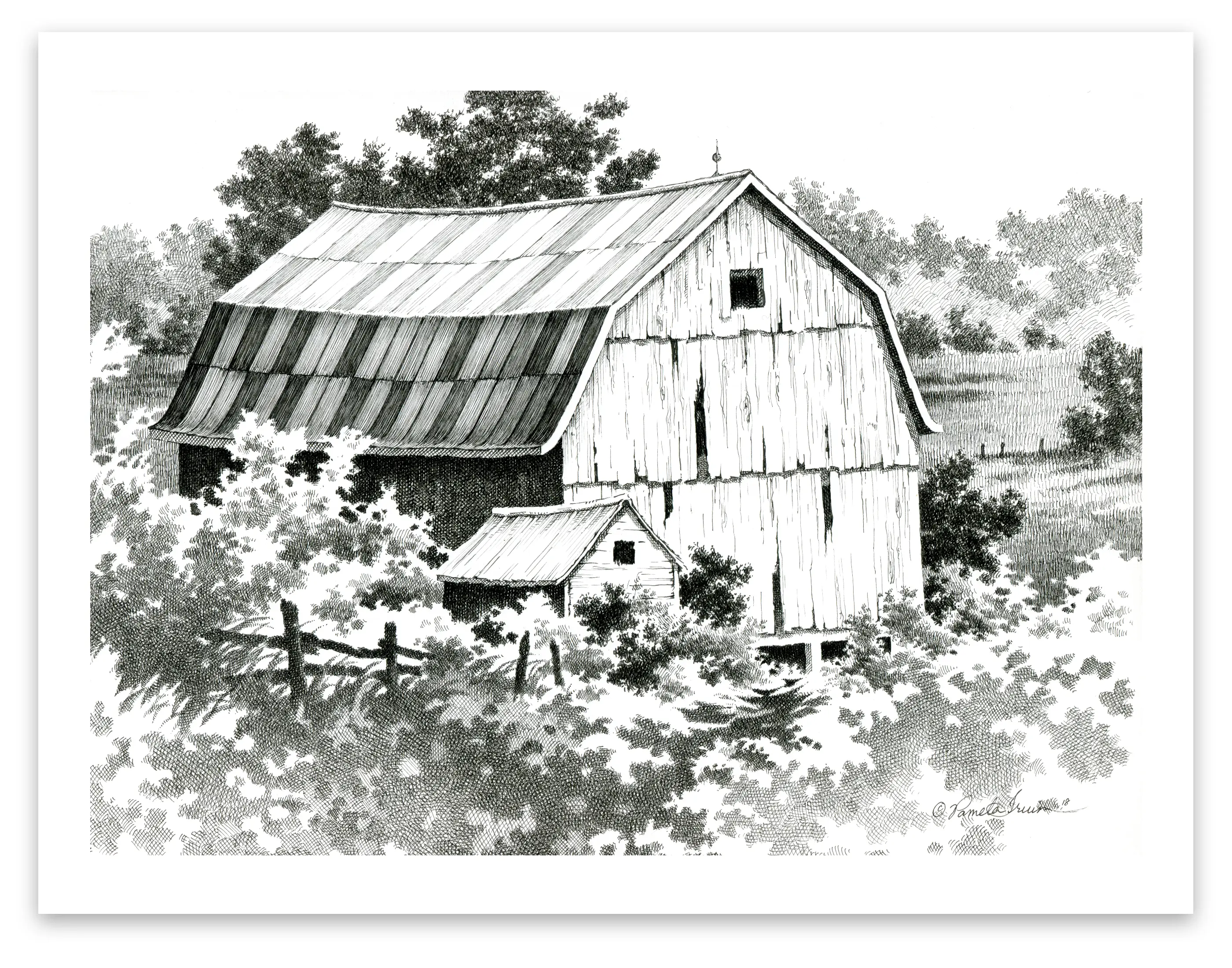 Pen and Ink Art Black and White Art Old Barn