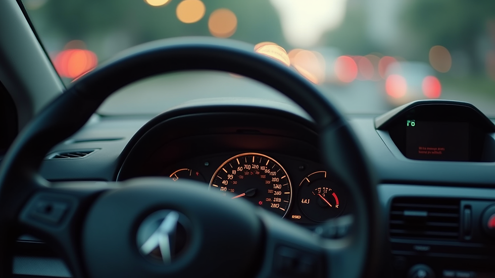 Eye-level view of a car dashboard with speedometer and steering wheel