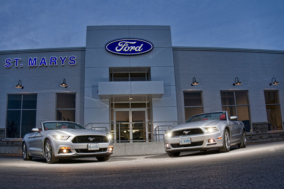 Ford Canada dealership.  Mustang cars parked in front.  St Marys, Ontario Canada.