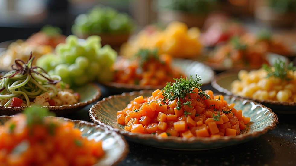High angle view of a colorful global cuisine spread on a catering table
