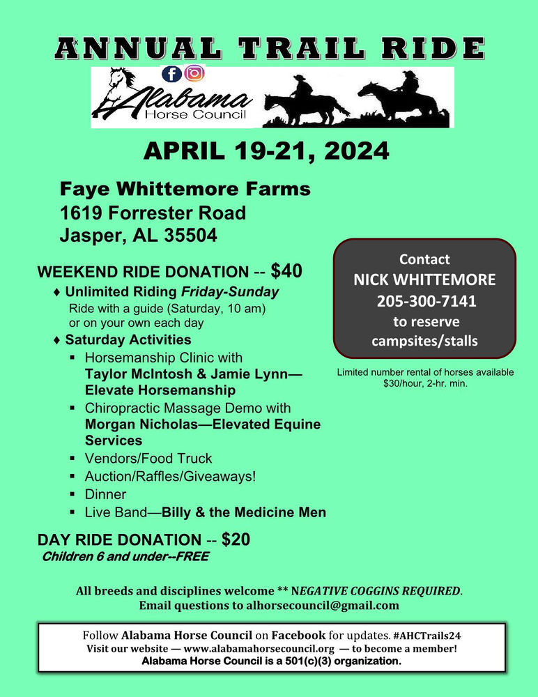 April 19th 21st, 2024 * Faye Whittemore Farms Annual Benefit Trail Ride HorseTrailsofAmerica