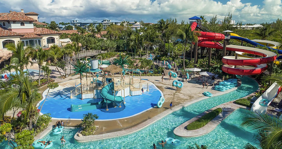 Aerial view of a Bahamas honeymoon resort water park