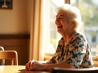 A woman in her 70s sitting at a sunlit table, laughing — warm, natural light, relaxed posture.