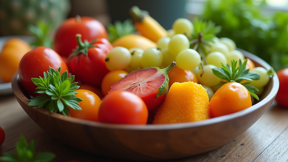 Close-up view of a bowl filled with colorful fruits and vegetables