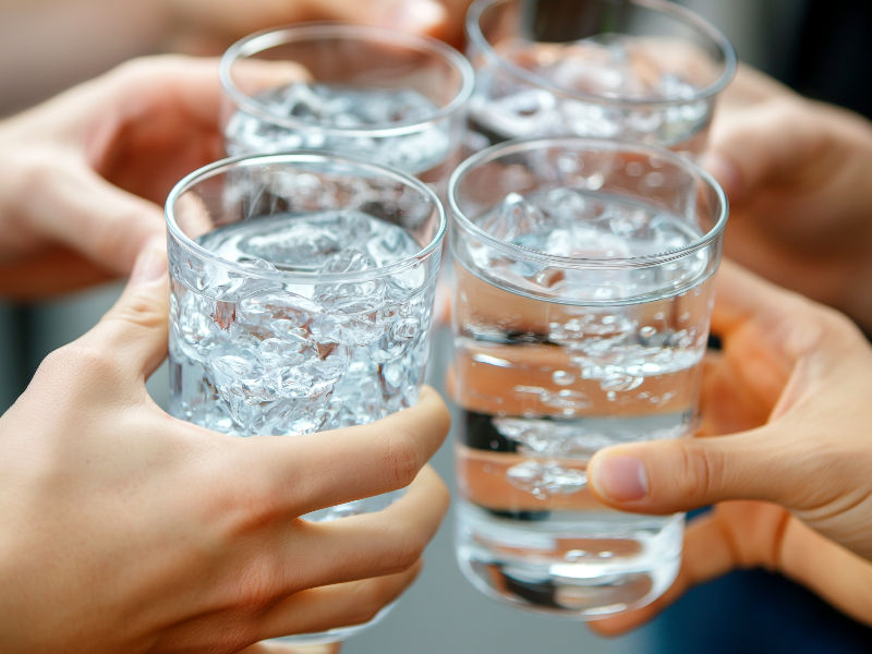 Close em 4 mãos brindando com copo cheios d'água