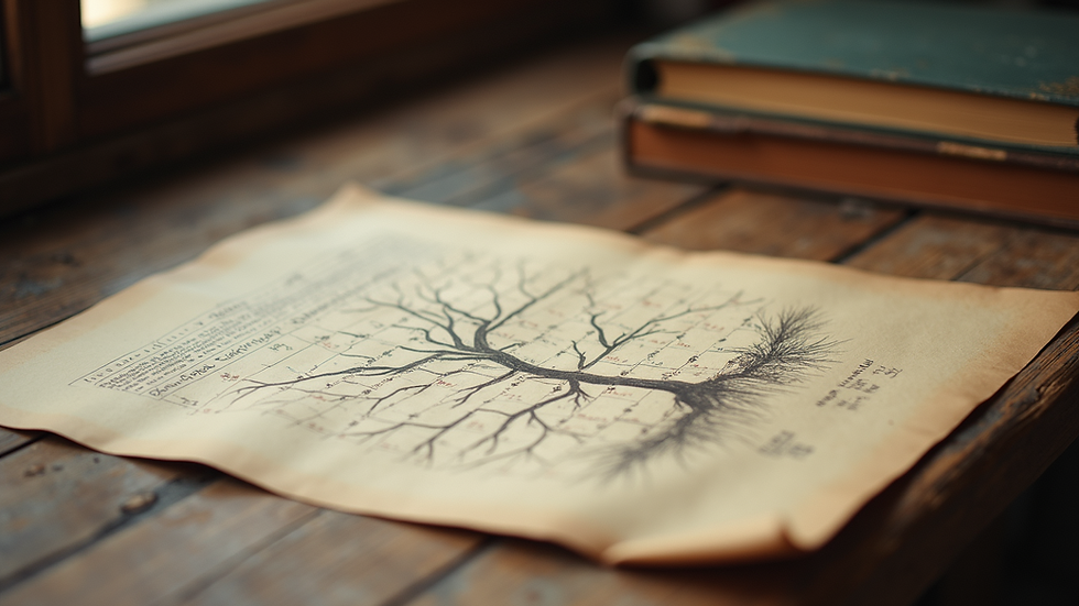 Eye-level view of an old family tree chart on a wooden table