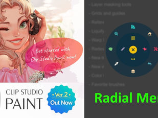 Girl with headphones winking, pink text "Get started with Clip Studio Paint now!" on floral backdrop. Radial menu and logo visible.