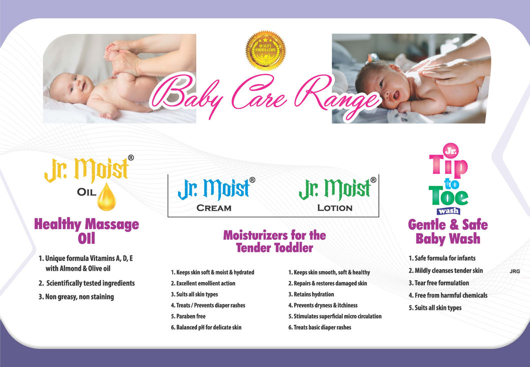 Baby care products including lotion, oil, cream, and wash for newborn skincare โ Jr. Moist