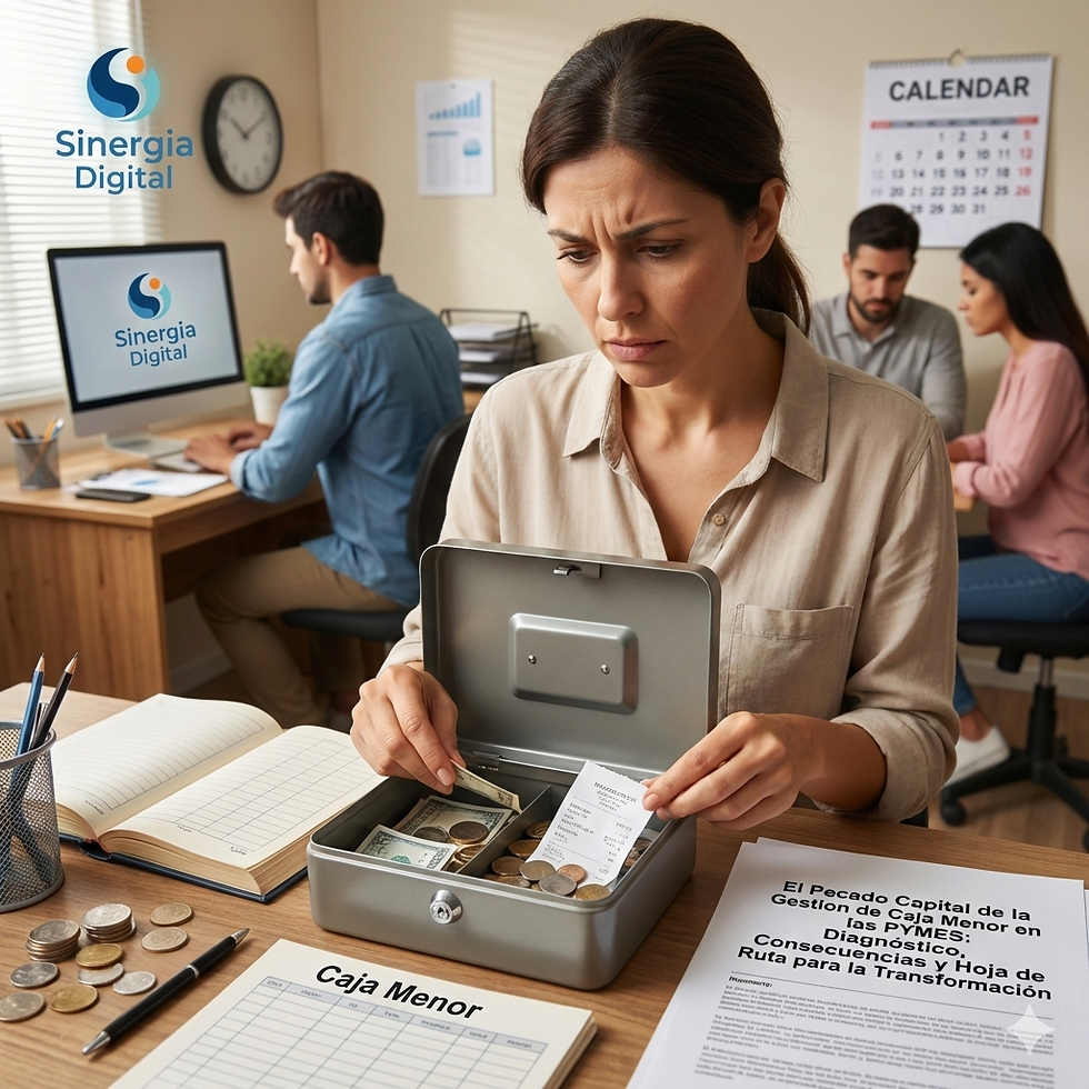 Esta imagen muestra a una mujer con expresión de preocupación, revisando una pequeña caja de caudales con dinero y recibos. Sobre su escritorio hay un libro de contabilidad, un informe titulado "El Pecado Capital de la Gestión de Caja Menor en las PYMES" y el logo de "Sinergia Digital" visible en una esquina y en la pantalla de la computadora. La escena, ambientada en una oficina con otros empleados, ilustra los desafíos y la importancia de una correcta administración de la caja menor en las pequeñas y medianas empresas.