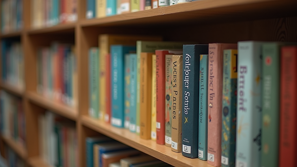High angle view of a bookshelf with children's grief books