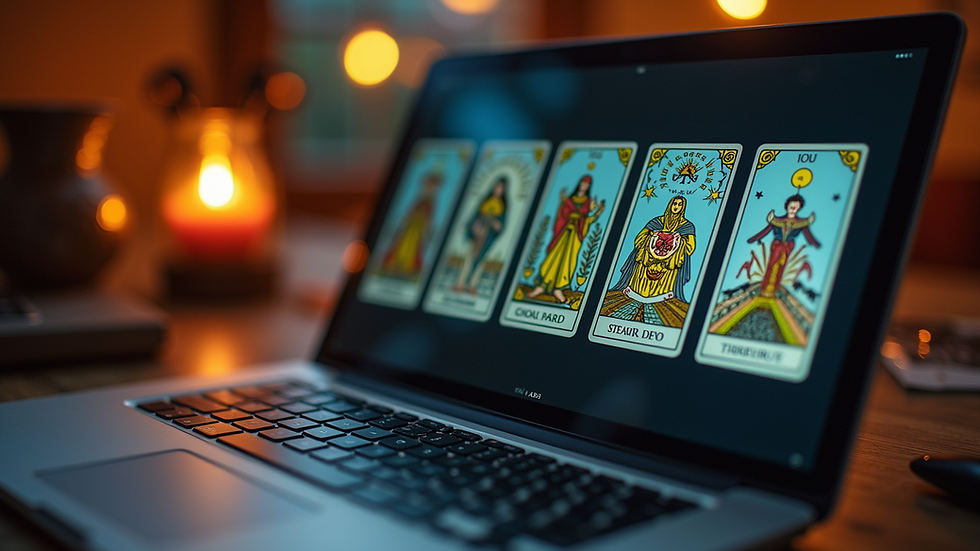 Eye-level view of a laptop with tarot cards displayed on the screen