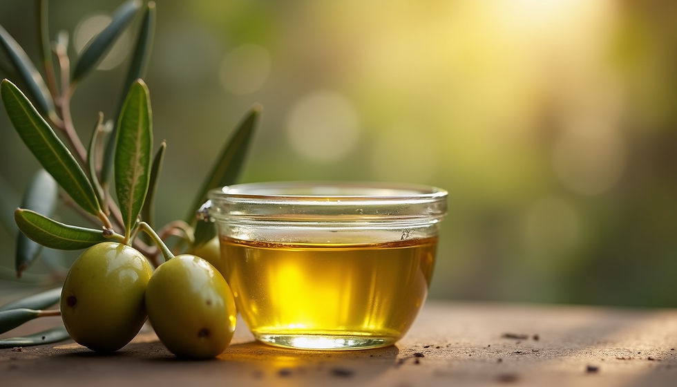 Nahaufnahme von frisch gepresstem Olivenöl in einem Glasbehälter