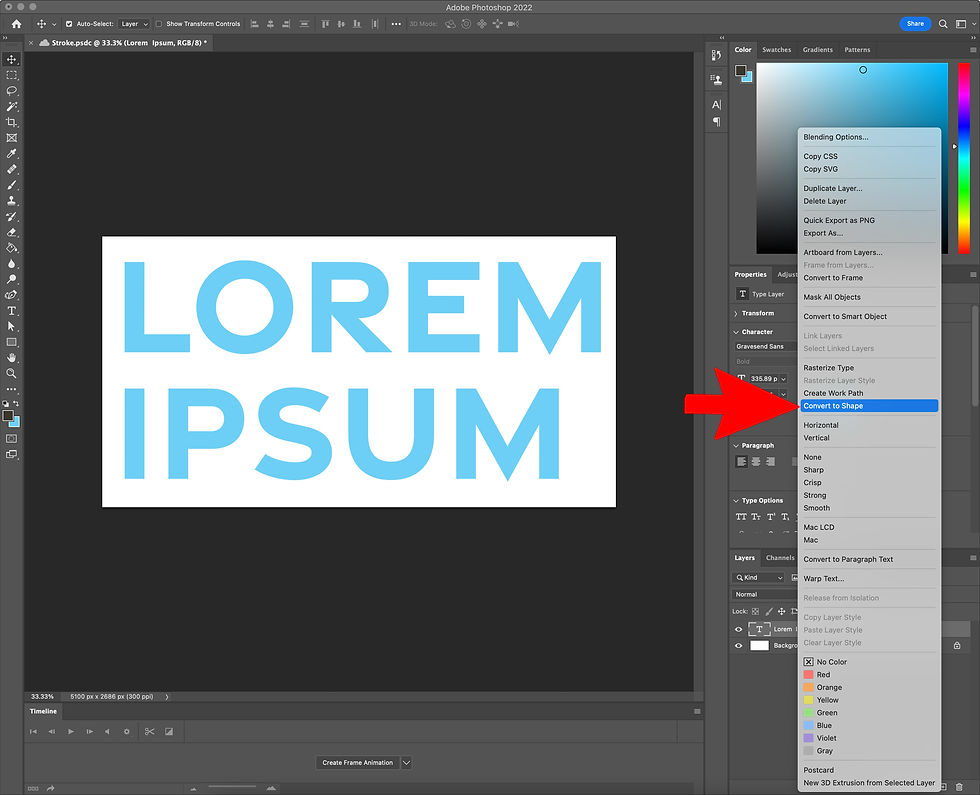 Screenshot of photoshop how to convert text to shape.