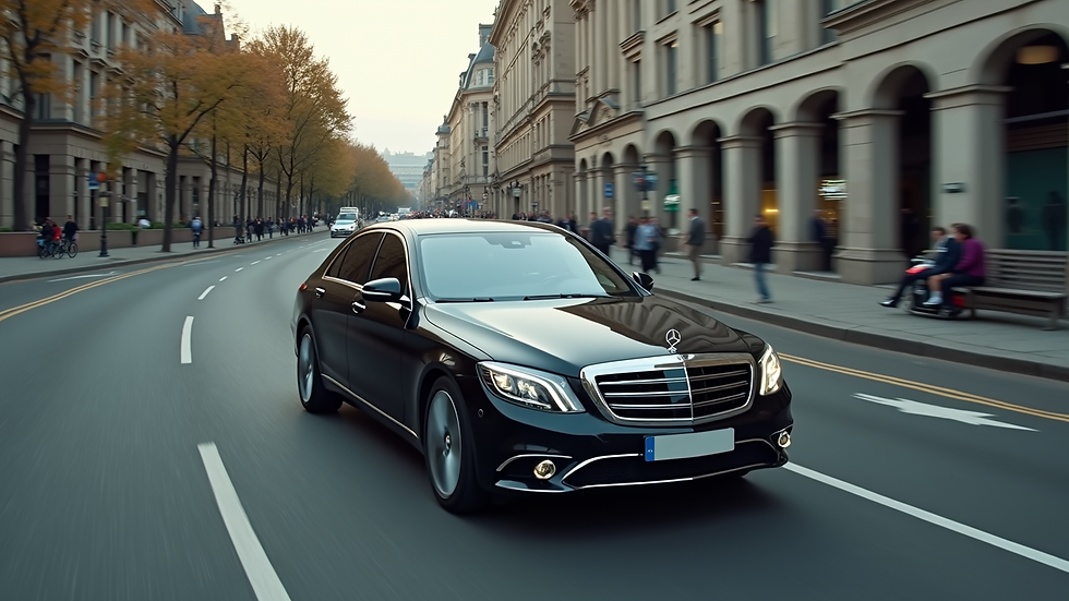 High angle view of a luxury car driving smoothly on a city road