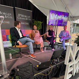 Alex Robinson speaking on a panel as a New Orleans influencer and content creator.